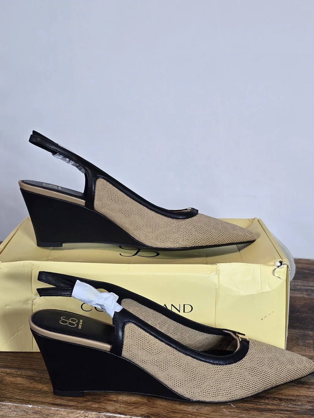 Cosy Island Beige Black Wedge Slingback Shoes Size 8.5